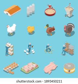 Poultry farm isometric icons set of equipment for feeding hen duck turkey trays with chicken legs and eggs and canned food vector illustration