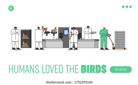 Poultry farm landing page design with workers control breeding process. Eggs and meat production. Modern agriculture industry facilities. Flat vector illustration