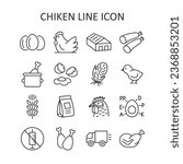 Poultry farm line icon set. Chicken, egg, feather, sausage, truck, forage line symbols. Vector illustration.