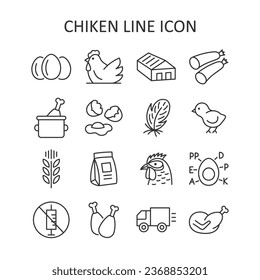Poultry farm line icon set. Chicken, egg, feather, sausage, truck, forage line symbols. Vector illustration.