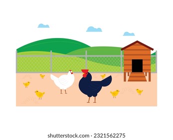 Granja de aves de corral cerca de las colinas, gallos, gallinas y pollitos, ilustración de vector de granja.