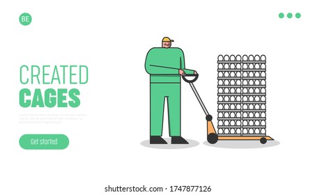 Poultry farm products quality control and transportation landing page design, Bird breeding factory worker, agriculture industry, eggs production. Cartoon vector illustration