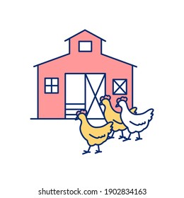 Poultry farm RGB color icon. Raising chickens on ranch. Farmland, farmhouse for livestock. Meat production. Chick breed. Domesticated animals. Farming industry, business. Isolated vector illustration