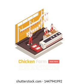 Poultry farm sustainable production chain isometric composition with slaughter house personnel cutting processing chicken meat vector illustration 