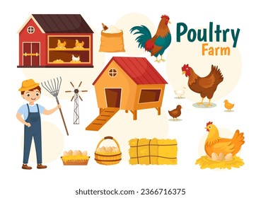 Poultry Farm Vector Illustration with Chickens, Roosters, Straw, Cage and Egg on Scenery of Green Field Background in Flat Cartoon Design