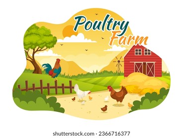 Poultry Farm Vector Illustration with Chickens, Roosters, Straw, Cage and Egg on Scenery of Green Field Background in Flat Cartoon Design