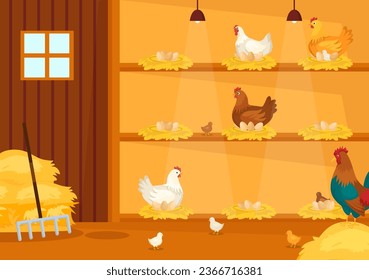 Poultry Farm Vector Illustration with Chickens, Roosters, Straw, Cage and Egg on Scenery of Green Field Background in Flat Cartoon Design