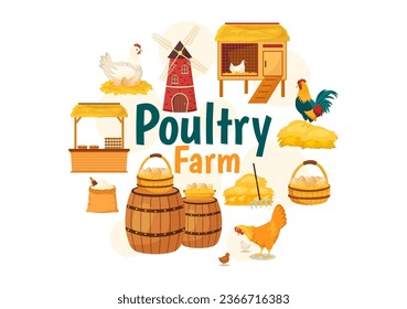 Poultry Farm Vector Illustration with Chickens, Roosters, Straw, Cage and Egg on Scenery of Green Field Background in Flat Cartoon Design