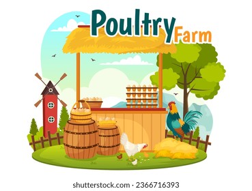Poultry Farm Vector Illustration with Chickens, Roosters, Straw, Cage and Egg on Scenery of Green Field Background in Flat Cartoon Design
