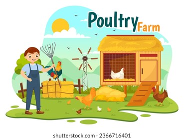 Poultry Farm Vector Illustration with Chickens, Roosters, Straw, Cage and Egg on Scenery of Green Field Background in Flat Cartoon Design