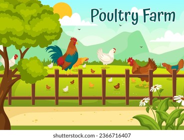 Poultry Farm Vector Illustration with Chickens, Roosters, Straw, Cage and Egg on Scenery of Green Field Background in Flat Cartoon Design