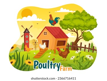 Poultry Farm Vector Illustration with Chickens, Roosters, Straw, Cage and Egg on Scenery of Green Field Background in Flat Cartoon Design