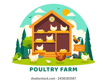 Poultry Farm Vector Illustration with Chickens, Roosters, Straw, Cage and Egg on Scenery of Green Field in Flat Cartoon Background Design