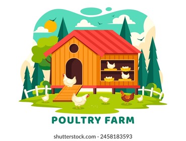 Poultry Farm Vector Illustration with Chickens, Roosters, Straw, Cage and Egg on Scenery of Green Field in Flat Cartoon Background Design