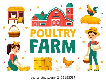 Poultry Farm Vector Illustration with Chickens, Roosters, Straw, Cage and Egg on Scenery of Green Field in Flat Cartoon Background Design