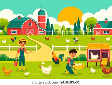 Poultry Farm Vector Illustration with Chickens, Roosters, Straw, Cage and Egg on Scenery of Green Field in Flat Cartoon Background Design