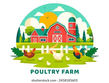 Poultry Farm Vector Illustration with Chickens, Roosters, Straw, Cage and Egg on Scenery of Green Field in Flat Cartoon Background Design