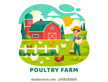 Poultry Farm Vector Illustration with Chickens, Roosters, Straw, Cage and Egg on Scenery of Green Field in Flat Cartoon Background Design