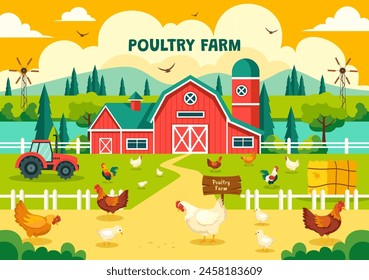 Poultry Farm Vector Illustration with Chickens, Roosters, Straw, Cage and Egg on Scenery of Green Field in Flat Cartoon Background Design