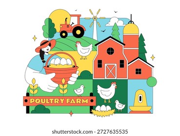 Ilustração Do Vetor Da Fazenda De Aves Apresentando Galinhas, Galos, Palha, Gaiola E Ovos Em Cenário De Campo Verde Em Plano De Fundo De Desenho Animado