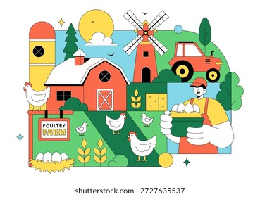 Ilustração Do Vetor Da Fazenda De Aves Apresentando Galinhas, Galos, Palha, Gaiola E Ovos Em Cenário De Campo Verde Em Plano De Fundo De Desenho Animado