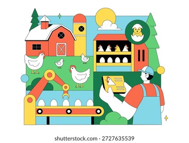 Ilustração Do Vetor Da Fazenda De Aves Apresentando Galinhas, Galos, Palha, Gaiola E Ovos Em Cenário De Campo Verde Em Plano De Fundo De Desenho Animado