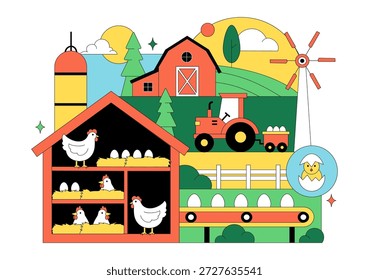 Ilustração Do Vetor Da Fazenda De Aves Apresentando Galinhas, Galos, Palha, Gaiola E Ovos Em Cenário De Campo Verde Em Plano De Fundo De Desenho Animado