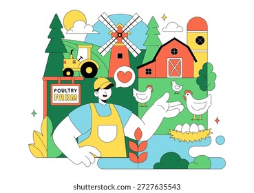 Ilustração Do Vetor Da Fazenda De Aves Apresentando Galinhas, Galos, Palha, Gaiola E Ovos Em Cenário De Campo Verde Em Plano De Fundo De Desenho Animado