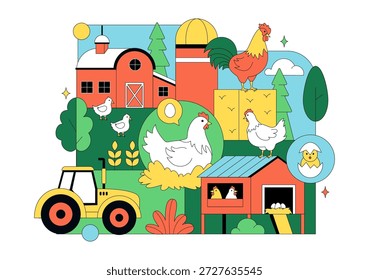 Ilustração Do Vetor Da Fazenda De Aves Apresentando Galinhas, Galos, Palha, Gaiola E Ovos Em Cenário De Campo Verde Em Plano De Fundo De Desenho Animado
