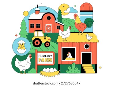 Ilustração Do Vetor Da Fazenda De Aves Apresentando Galinhas, Galos, Palha, Gaiola E Ovos Em Cenário De Campo Verde Em Plano De Fundo De Desenho Animado