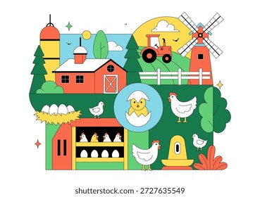 Ilustração Do Vetor Da Fazenda De Aves Apresentando Galinhas, Galos, Palha, Gaiola E Ovos Em Cenário De Campo Verde Em Plano De Fundo De Desenho Animado