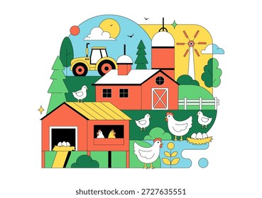Ilustração Do Vetor Da Fazenda De Aves Apresentando Galinhas, Galos, Palha, Gaiola E Ovos Em Cenário De Campo Verde Em Plano De Fundo De Desenho Animado