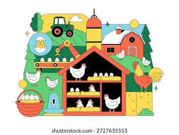 Ilustração Do Vetor Da Fazenda De Aves Apresentando Galinhas, Galos, Palha, Gaiola E Ovos Em Cenário De Campo Verde Em Plano De Fundo De Desenho Animado