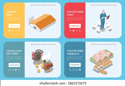 Poultry farm web banners with information about farm staff pets and product price  isometric vector illustration 