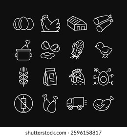 Poultry farm white icon set on black background. Chicken, egg, feather, sausage, truck, forage line symbols. Editable stroke. Vector illustration.
