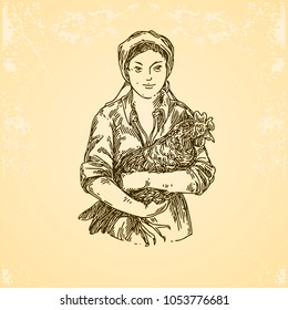 Poultry farm. Woman holding a chicken. Engraving style. Vector illustration.