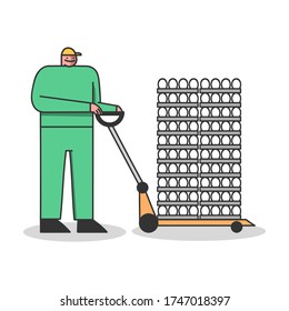 Poultry farm worker transporting eggs. Chicken factory work process element concept. Quality control and agriculture industry, eggs production. Cartoon vector illustration