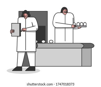 Poultry farm workers control eggs quality. Fresh and eco production. Chicken breeding industry business concept. Agriculture and farming. Cartoon vector illustration