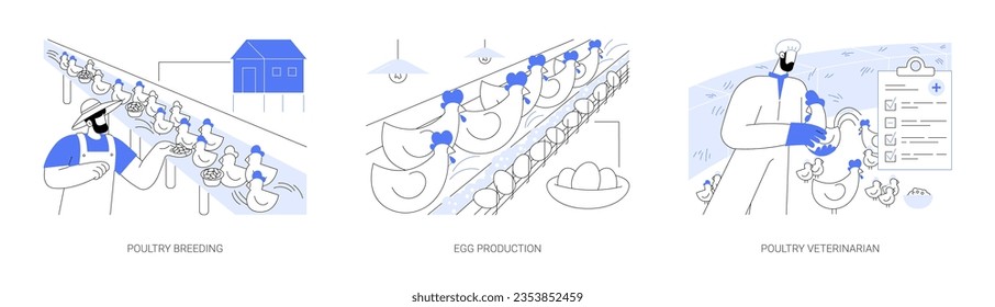 Poultry farming abstract concept vector illustration set. Poultry breeding, commercial egg production, veterinarian checking broilers health, organic farm products, agribusiness abstract metaphor.