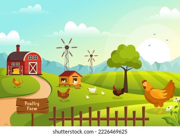 Poultry Farming with Farmer, Cage, Chicken and Egg Farm on Green Field Background View in Hand Drawn Cute Cartoon Template Illustration