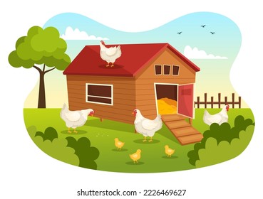 Poultry Farming with Farmer, Cage, Chicken and Egg Farm on Green Field Background View in Hand Drawn Cute Cartoon Template Illustration