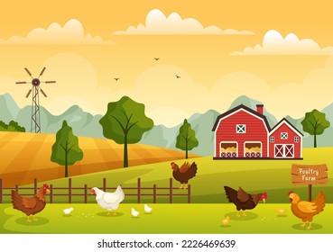 Poultry Farming with Farmer, Cage, Chicken and Egg Farm on Green Field Background View in Hand Drawn Cute Cartoon Template Illustration