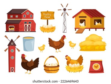 Poultry Farming with Farmer, Cage, Chicken and Egg Farm on Green Field Background View in Hand Drawn Cute Cartoon Template Illustration