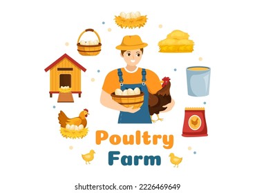 Poultry Farming with Farmer, Cage, Chicken and Egg Farm on Green Field Background View in Hand Drawn Cute Cartoon Template Illustration