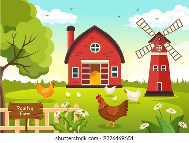 Poultry Farming with Farmer, Cage, Chicken and Egg Farm on Green Field Background View in Hand Drawn Cute Cartoon Template Illustration