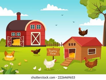 Granja de aves de corral con granja de granjeros, jaulas, pollos y huevos en campo verde vista de fondo en plantilla de dibujos animados a mano dibujados a mano Ilustración