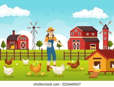 Poultry Farming with Farmer, Cage, Chicken and Egg Farm on Green Field Background View in Hand Drawn Cute Cartoon Template Illustration