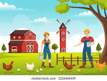 Poultry Farming with Farmer, Cage, Chicken and Egg Farm on Green Field Background View in Hand Drawn Cute Cartoon Template Illustration