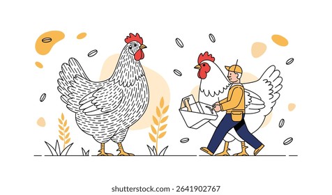 Poultry Farming A Farmer Herding Chickens On A Farm