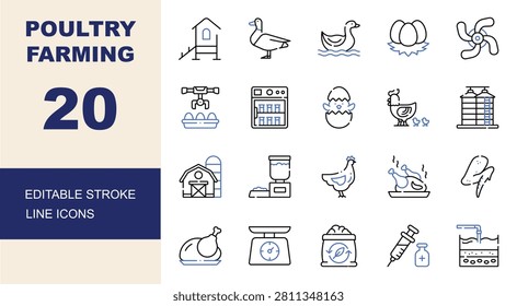 Poultry farming icon set. Editable line icons chicken coop, incubator, hen with chicks, eggs, feed mill vector illustration